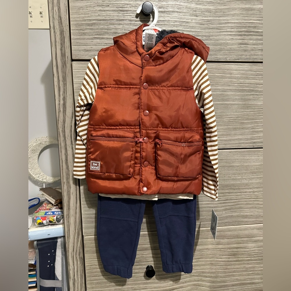 NWT Brown Hooded Vest with Striped Shirt and Navy Pants